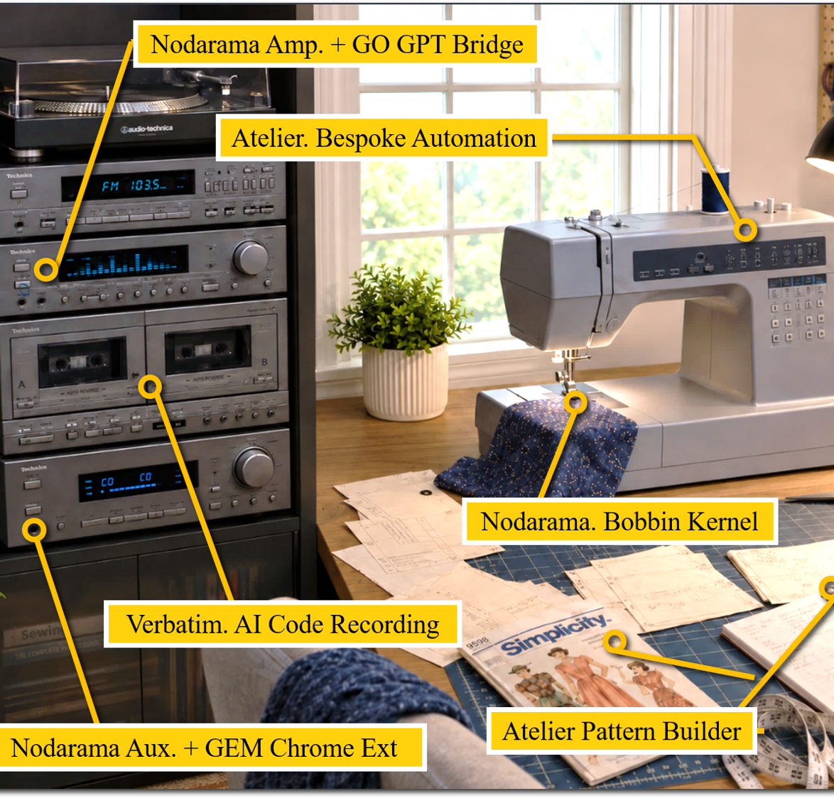 Nodarama system mapped through familiar recording and sewing equipment
