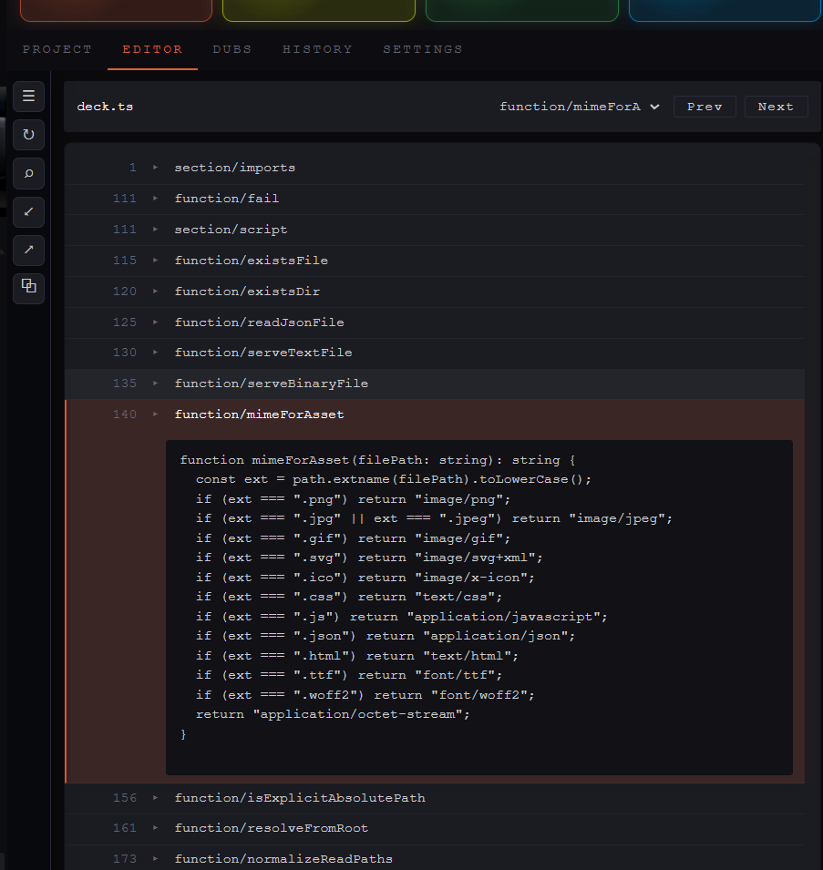 Minimal code editor with collapsed TypeScript functions and a focused section open in Nodarama Verbatim